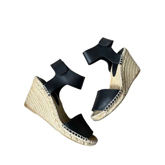 VINCE Espadrille Wedges Black Leather Sandals size 7 - Picture 1 of 11